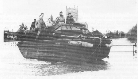 Amphibious vehicle known as a 'Duck', manned by Royal Marines on<br>Gloucester Road (which is at same level as in 1947). 