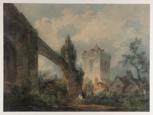 Tewkesbury Abbey with the Town Jail<br>Previously the Bell Tower<br><sup>Watercolor over pencil circa 1794</sup>