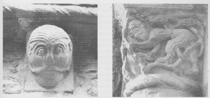 Plate V a: Kilpeck (Herefs.) corbel on west wall<br>Plate V b: Leominster priory west door, left central capital