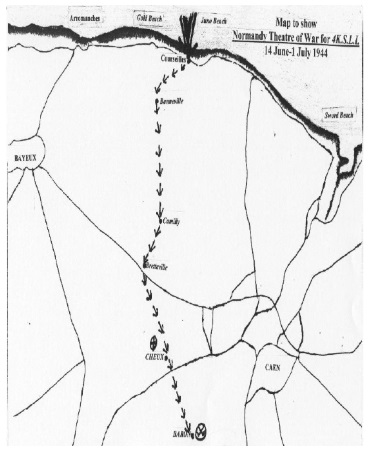 Normandy theatre of war for 4K.S.L.I. 14 June – 1 July