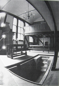 Fish eye view of interior<br>of Old Baptist Chapel<br>showing the baptism pool 