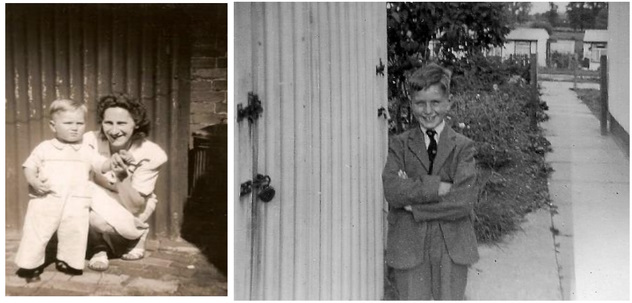 Left: John and his mother at 7 Chance Street<br>Right:John & his Prefab before leaving Tewkesbury