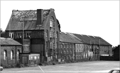Downing’s Malting before it was demolished.<br>The railway occupied the concreted area.<br>(Tewkesbury Borough Council)