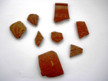 A selection of Samian ware fragments, much<br>more decorated and thus more luxurious<br>than Severn Valley ware.<br>(Tewkesbury Museum).