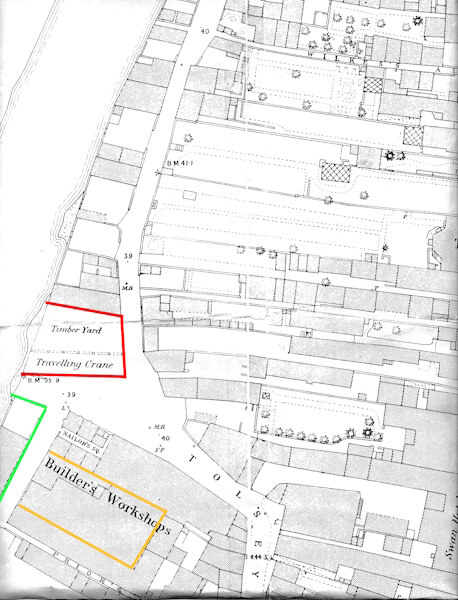 Red: Factory 2 [1958]<br>Brown: C&G builders converted [c1958]<br>Green: Riverside House