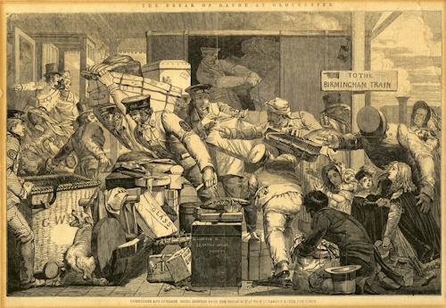 Gauge break at Gloucester – ‘Passengers and Luggage being Shifted’<br>(The Illustrated London News)